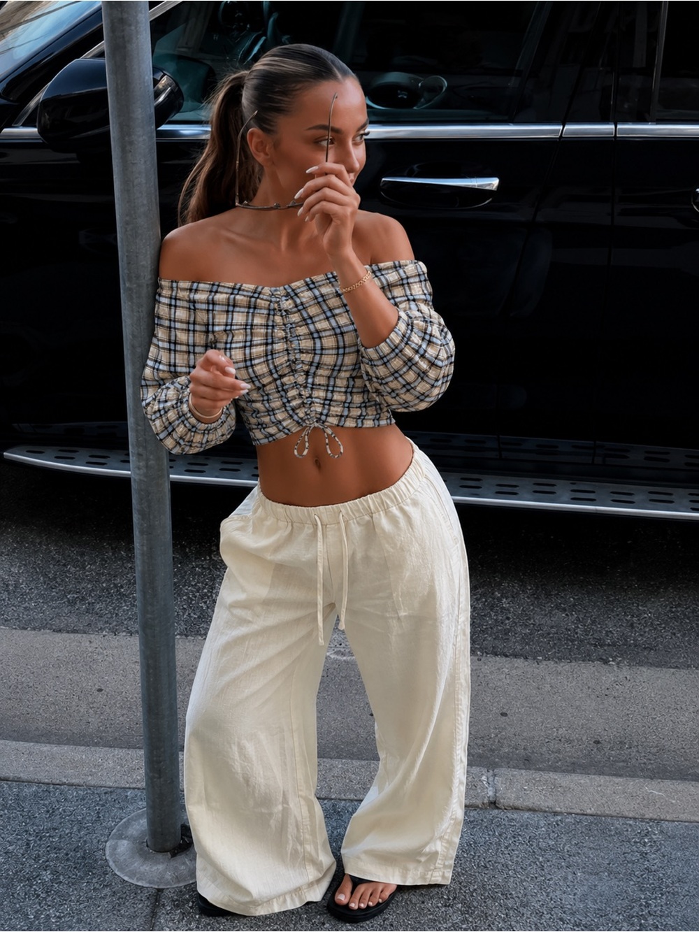 Zara Plaid Off-Shoulder Ruched Crop Top | Cream, Baby Blue & Brown | Size Large